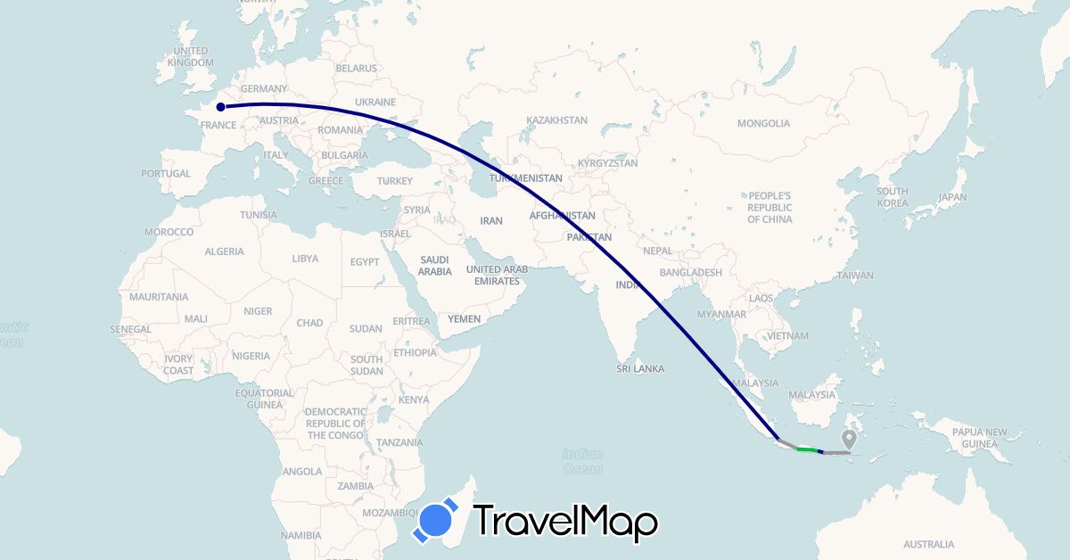 TravelMap itinerary: driving, bus, plane in France, Indonesia (Asia, Europe)